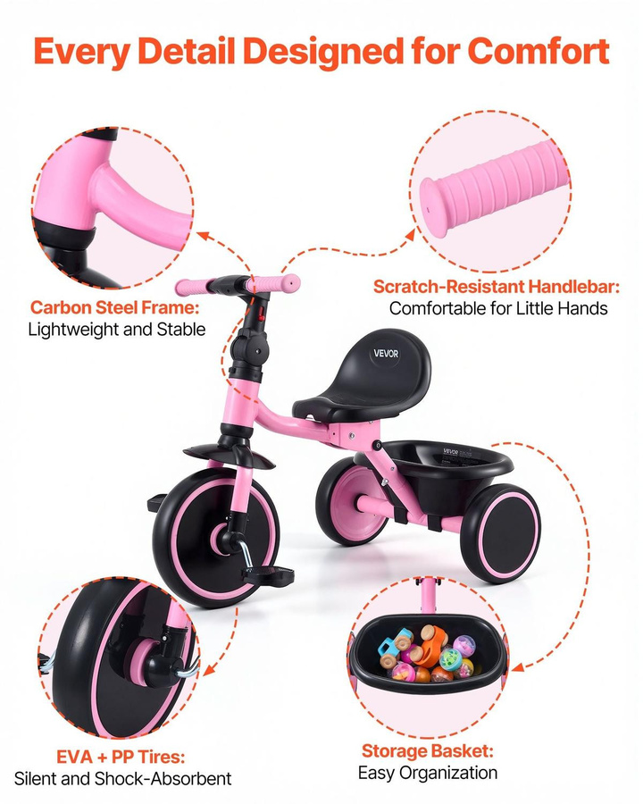 Faltbares Kleinkind-Dreirad von Buying Solutions, MB für 2-5-Jährige mit verstellbarem Sitz und Stauraum, Kohlenstoffstahl-Rahmen, Pink + Black - Bild 4
