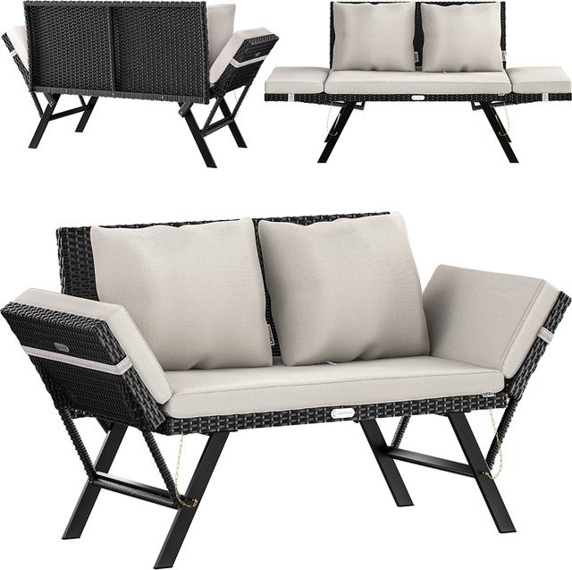 CASARIA Polyrattan Gartenbank mit Armlehnen in Schwarz und Beige, B/T/H: 176 x 56 x 81 cm - Bild 1
