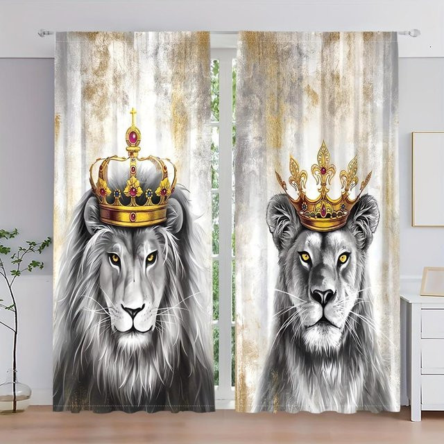 3D Tier Fenster Vorhänge mit Löwen und Tiger Motiv, 2er Set blickdicht aus Polyester, Mehrfarbig, Breite: 50 cm, Höhe: 130 cm - Bild 1