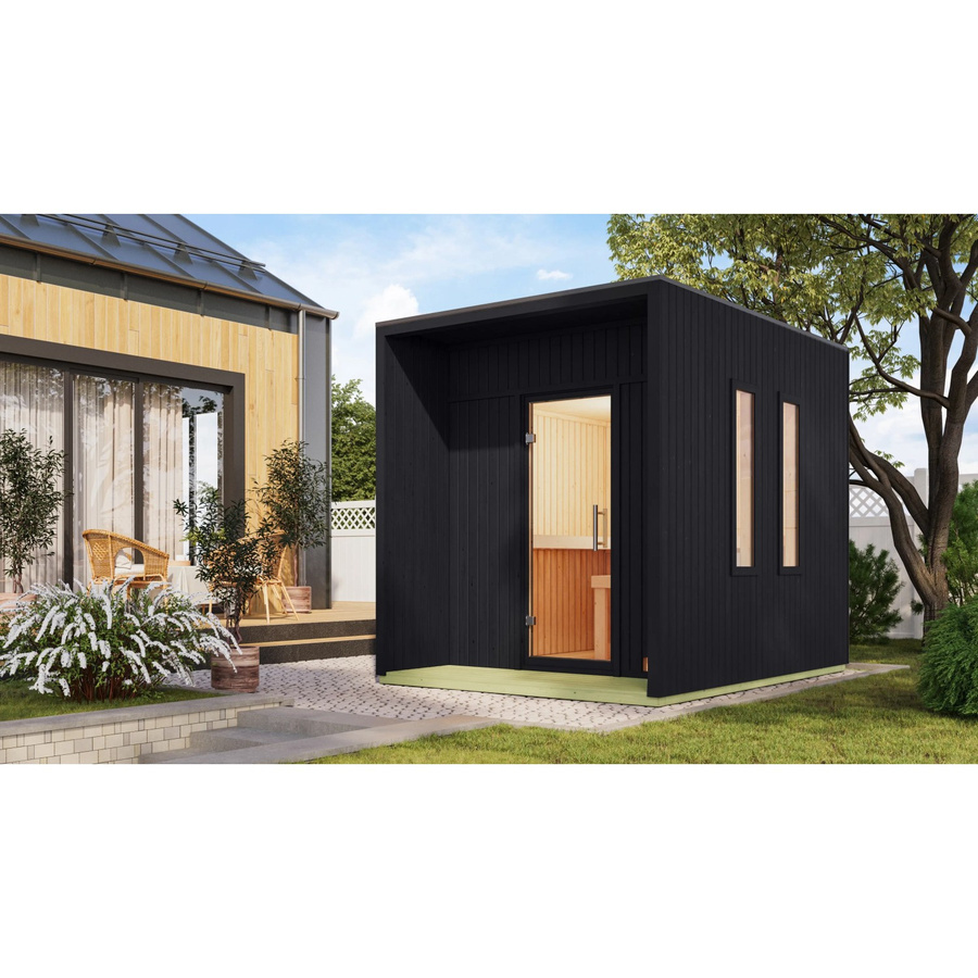 Karibu Saunahaus Rapallo aus nordischer Fichte in Schwarz, B/T/H: 219,5 x 287,5 cm - Bild 2