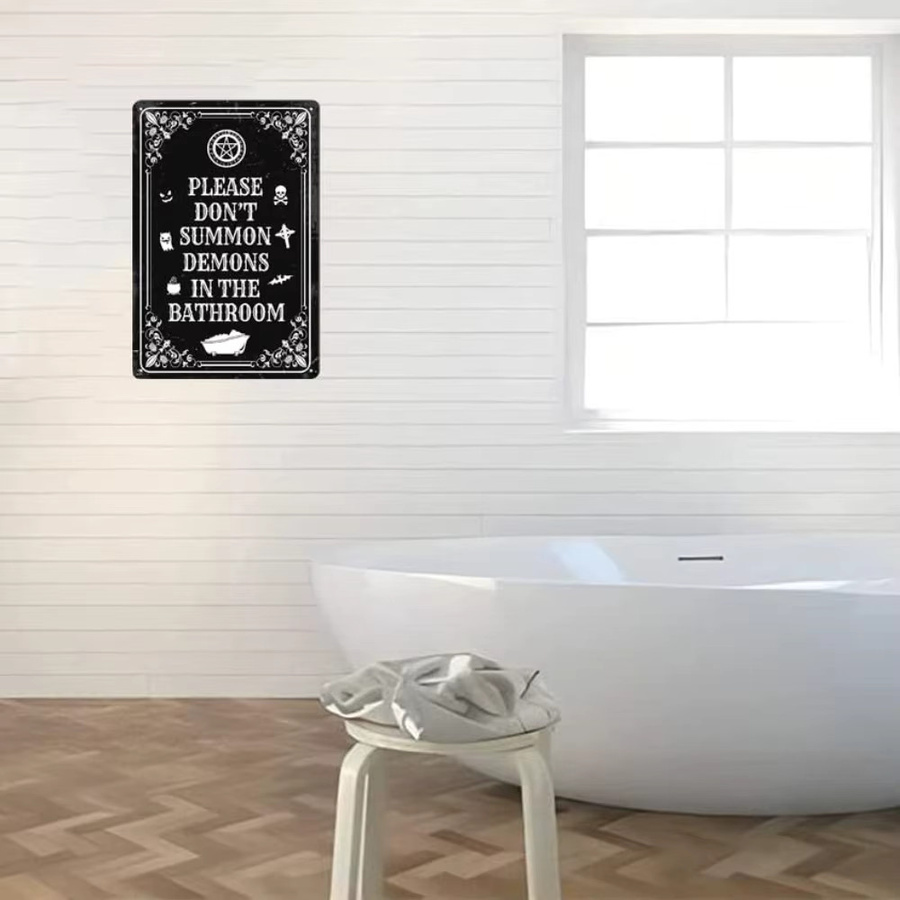 POBBUK Halloween Metallschild Bitte schlage Dämonen im Badezimmer nicht Wanddekoration Goth Schwarz - Bild 4