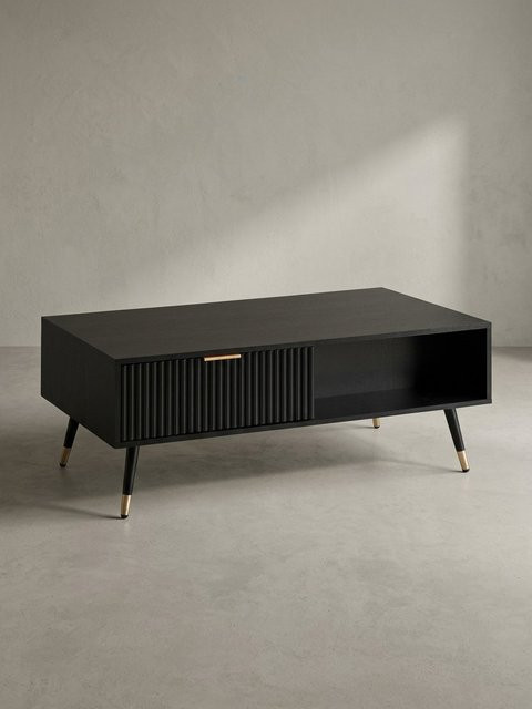 KADIMA DESIGN Couchtisch in Schwarz und Eiche-Dekor mit Lamellenoptik und Metallbeinen, B/T/H: 110 x 60 x 43 cm - Bild 1
