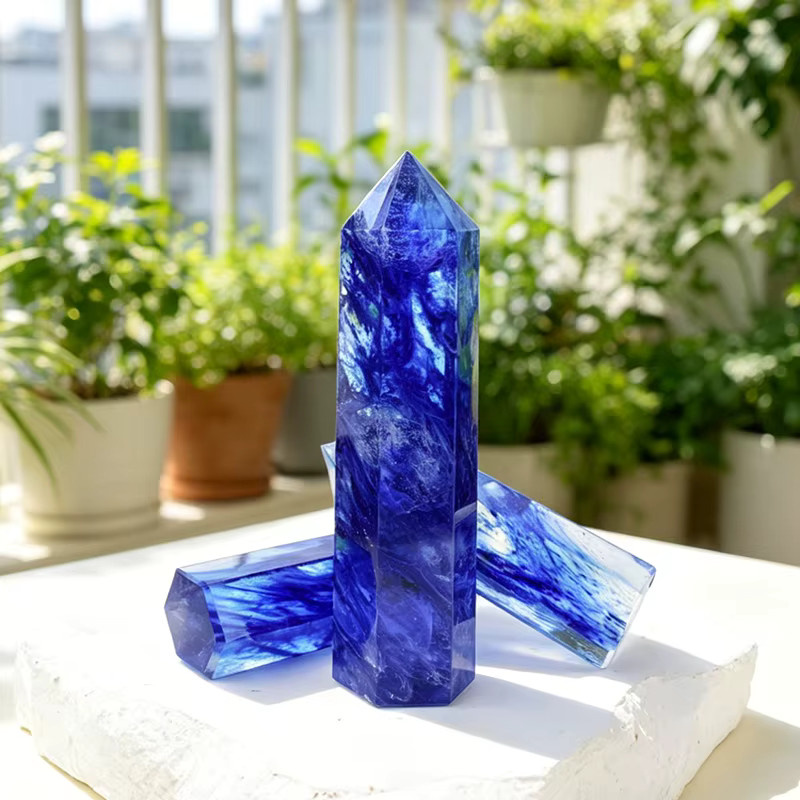 Blauer Quarzkristall-Spitzstab von RYCRYSTAL als Heilstein-Obelisk für Meditation und Heimdekoration - Bild 4