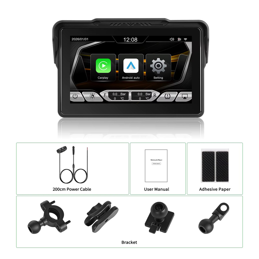 Podofo 7 Zoll Kabelloser CarPlay und Android Auto Motorrad-Player, IP67 Wasserdichter Smart-Navigationsmonitor mit Touchscreen und Bluetooth, Schwarz - Bild 8