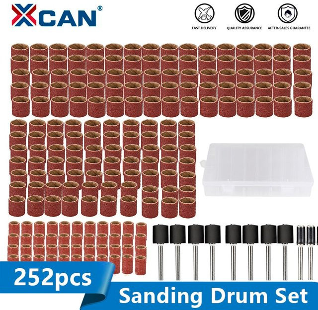 XCAN 252-teiliges Schleiftrommel-Set mit Schleifdornen in 1/2, 1/4 und 3/8 Zoll, 80er Körnung für Dremel Rotationswerkzeuge zum Schleifen und Polieren, Farbe: Braun - Bild 1