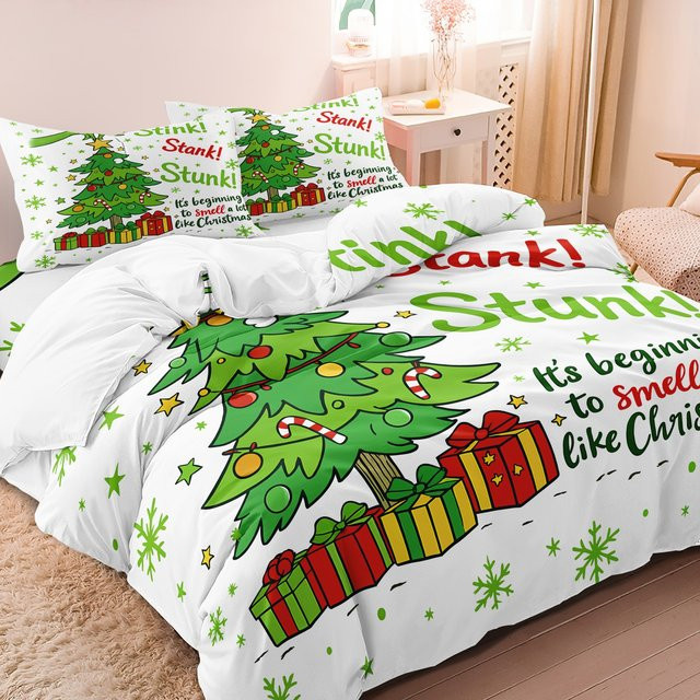 3-teiliges Weihnachtsbettwäsche-Set mit Weihnachtsbaum- und Schneeflocken-Motiv in Grün, Rot und Weiß, Breite: 135 cm, Länge: 200 cm - Bild 1
