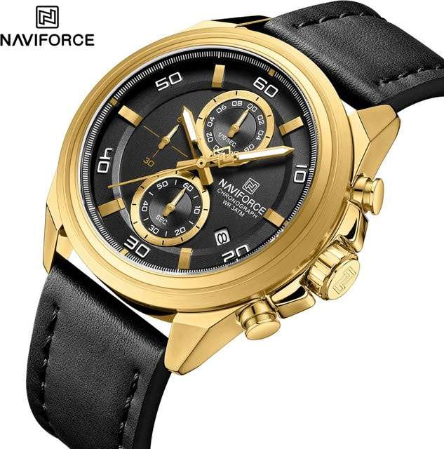 NAVIFORCE Armbanduhr, Quarz, Leder, Legierung, Schwarz, Gold, Herren - Bild 1