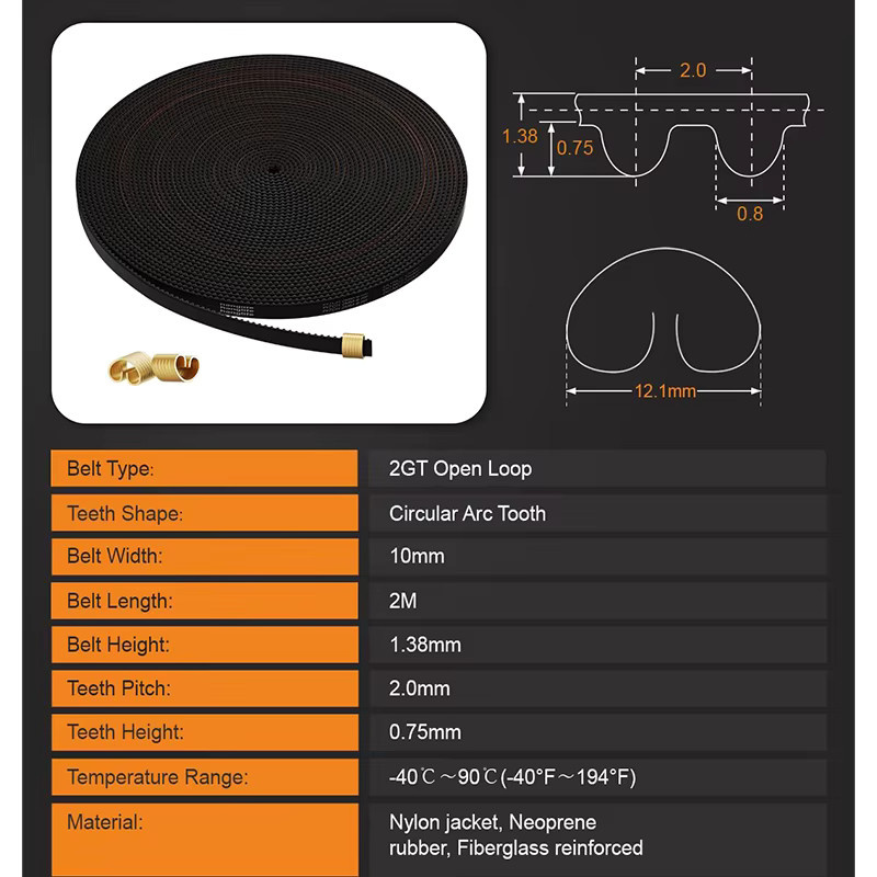 Creality GT2 Synchronriemen für 3D-Drucker, offener Zahnriemen aus Gummi, Farbe: Schwarz, Breite: 6 mm oder 10 mm, Länge: 2 m - Bild 2
