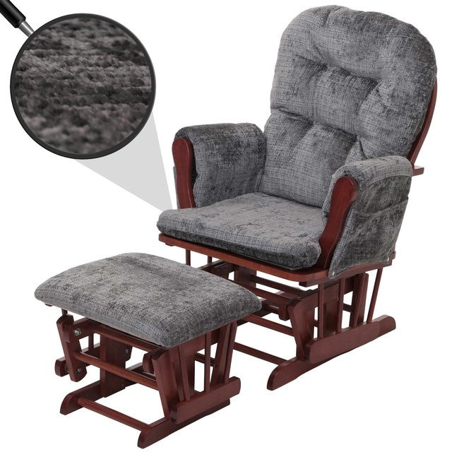 MCW Relaxsessel C76 Schaukelstuhl mit Hocker aus Chenille Stoff in Dunkelgrau und Birkenholzgestell - Bild 1