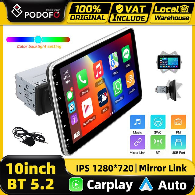 Podofo 10,1 Zoll Auto-Smart-Screen Multimedia-Video-Autoplayer mit drahtlosem CarPlay und Android Auto, WIFI, Bluetooth, FM RDS Stereo und Mirror Link in Schwarz - Bild 1
