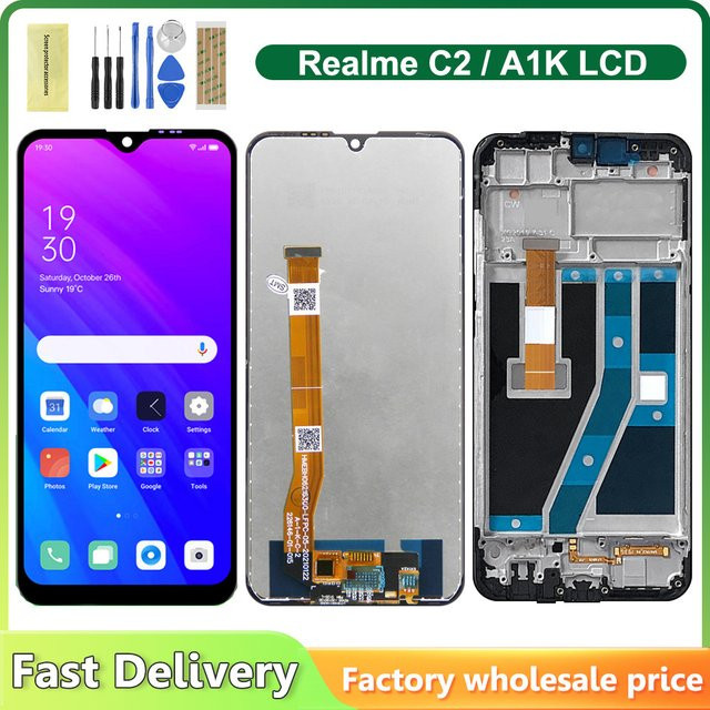 LCD-Bildschirm mit Frame und Touch-Digitizer für Oppo A1K CPH1923 und Realme C2 RMX1941 RMX1945, 6.1 Zoll, Schwarz - Bild 1