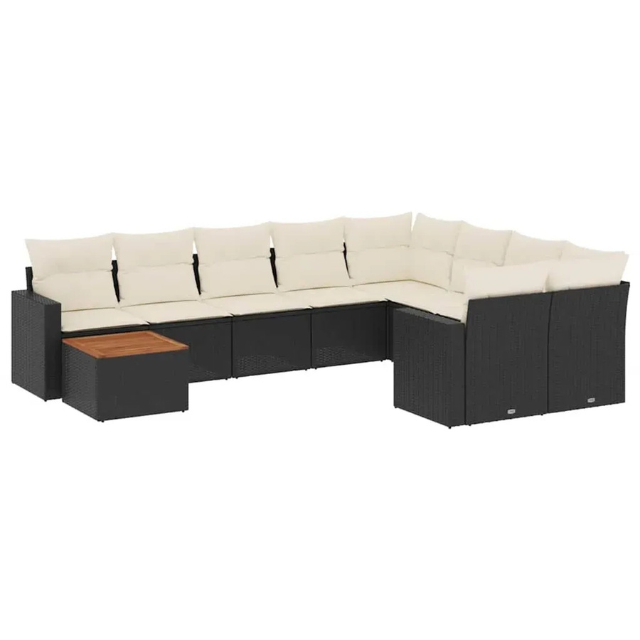 vidaXL 10-teilige Garten-Sofagarnitur in L-Form aus Polyrattan und Akazienholz mit Kissen in Schwarz-Creme - Bild 2