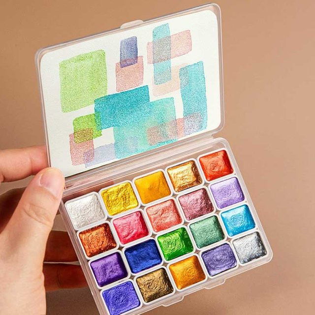 20-Farben-Aquarellfarben-Set mit tragbarer Box in Perlmutt-Optik und Glitzer-Effekt, Multicolor - Bild 1