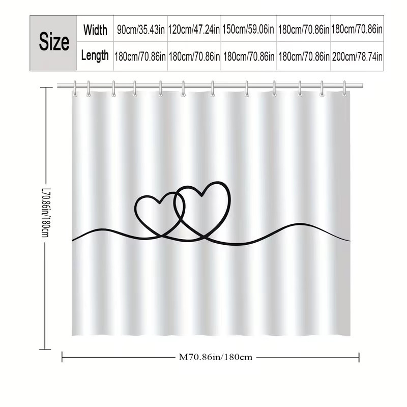 VIKAMA Duschvorhang mit Doppelherz-Design in Weiß, B/H: 90 x 180 cm - Bild 2