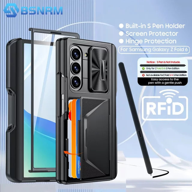 BANGZAO Schutzhülle für Samsung Galaxy Z Fold 6 mit RFID-Kartenhalter, S-Pen Halter und Kameraabdeckung, stoßfeste Silikon-Handyhülle, Schwarz - Bild 1