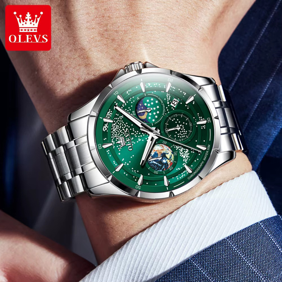 OLEVS Armbanduhr Chronograph, Quarz, Edelstahl, Grün, Herren - Bild 4
