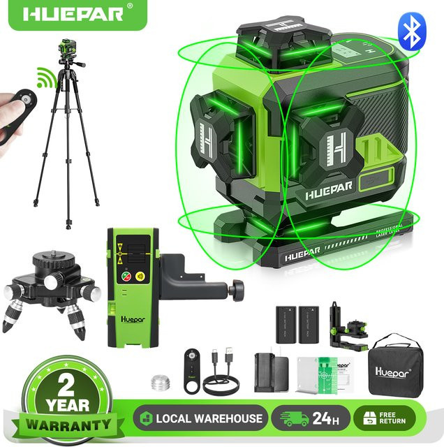 Huepar 4D 16 Linien Laser Level Z04CG Selbstnivellierender Grüner Kreuzlinien Laser Level mit Fernbedienung, Stativ, Detektor und 2 Akkus - Bild 1