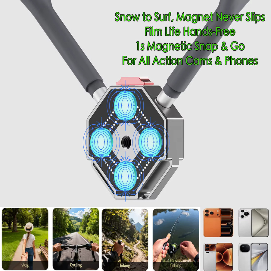 FEICHAO Quick Release Silikon Neck Mount Magnetische Kamera und Telefon Halterung in Schwarz für GoPro Hero 13, Insta 360 und DJI Osmo Action - Bild 3