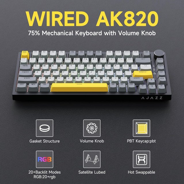 Ajazz AK820 Mechanische Tastatur mit CNC-Drehregler, 81 Tasten, Gasket Mount, Hot-Swap und Beleuchtung, Multicolour, für PC und MAC - Bild 1