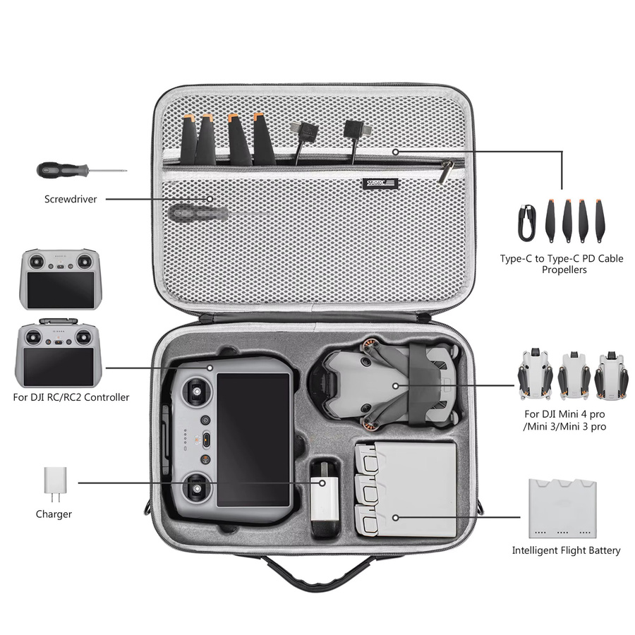 DJI Mini 4 Pro RC 2 Aufbewahrungstasche aus PU-Leder in Grau für Fly More Combo und RC2 Controller Kit - Bild 2
