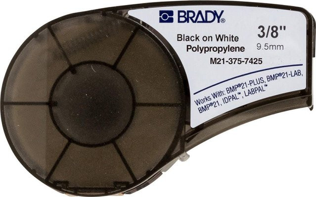 Brady Kennzeichnungsetiketten M21-375-7425 aus Polypropylen, Schwarz auf Weiß, Breite: 9,53 mm, Länge: 6,4 m, permanent und endlos - Bild 1