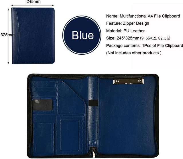Yiran Furniture Handgefertigter A4-Aktenordner aus Leder mit Reißverschluss und Klemmmappe in Blau - Bild 1