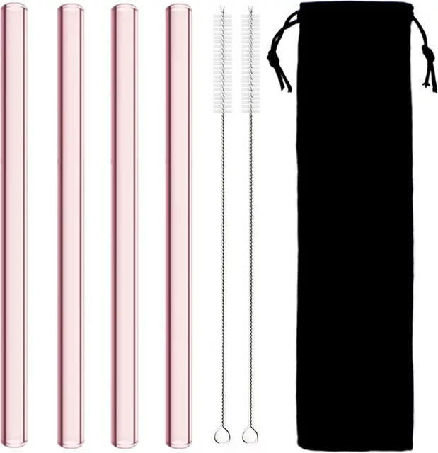 JAOER Boba-Strohhalme aus Glas, 4 Stück, transparent und pink, Durchmesser: 12 mm, wiederverwendbare Glasstrohhalme für Bubble Tea und Smoothies - Bild 1