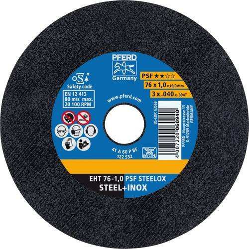 PFERD Trennscheibe PSF STEELOX Universallinie für Stahl und Edelstahl, Durchmesser: 76 mm, Dicke: 1 mm, Bohrung: 10 mm, Farbe: Schwarz - Bild 1