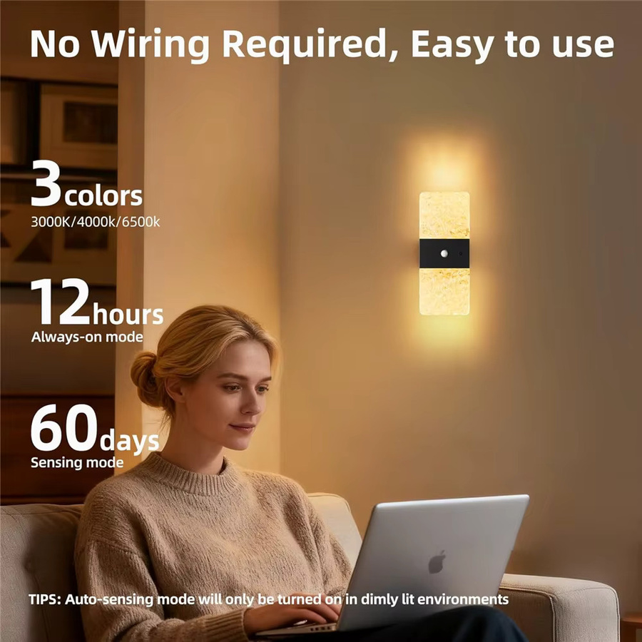 UMEXUS 2er Set Kabellose LED Wandleuchten mit Touch-Steuerung und USB-Akku, Rechteckige Wandlampe aus Holz und Glas in Up-Down-Beleuchtung - Bild 5
