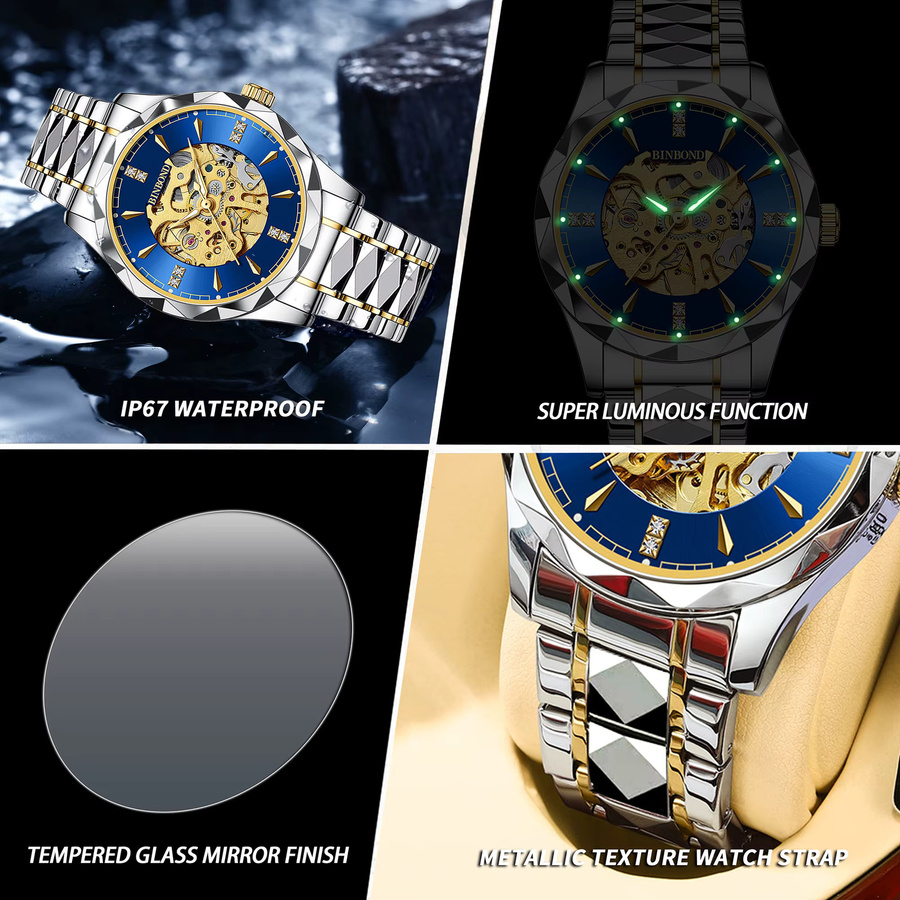 BINBOND Armbanduhr Automatik, Edelstahl, Blau, Herren - Bild 5