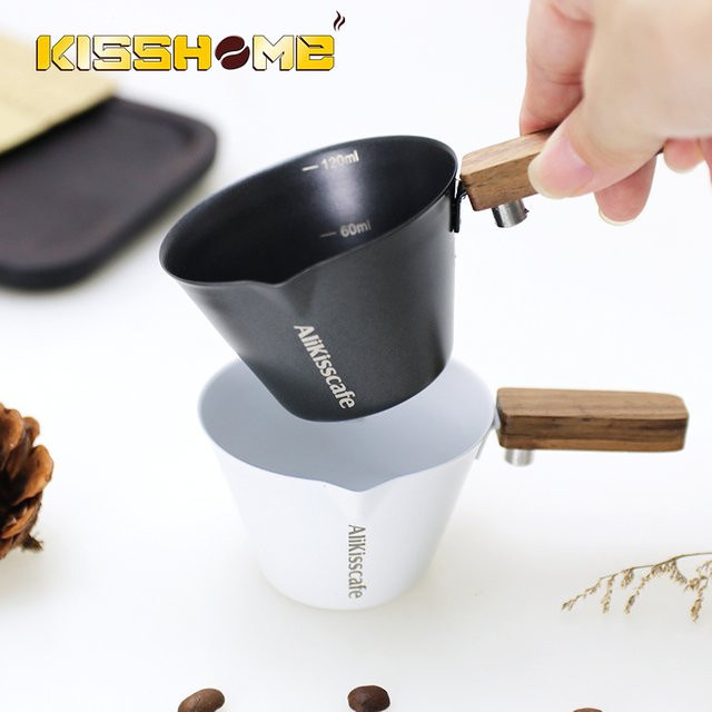 ALIKISSCAFE Espresso-Messbecher aus Edelstahl mit Holzgriff und Skala, 120 ml - Bild 1