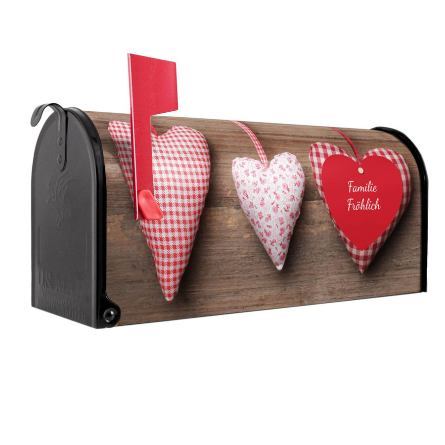 Banjado Amerikanischer Briefkasten in Schwarz mit roter Fahne und Herz-Design aus Stahl, B/H/T: 48,0 x 22,0 x 16,0 cm - Bild 1