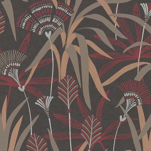 PROFHOME Tapete Blumen Art Nouveau mit metallischen Akzenten in Schwarz Rot Weiß Beige, Breite: 0,53 m, Länge: 10,05 m - Bild 1