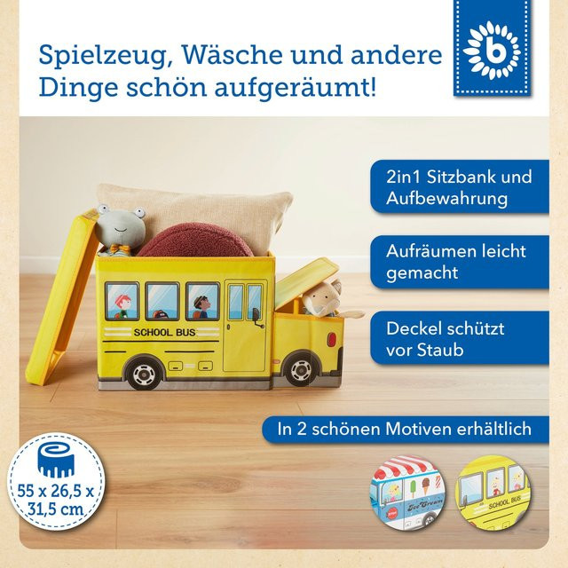 Bieco Aufbewahrungsbox für Kinder mit Deckel, Motiv Schulbus, Gelb, B/T/H: 55,0 x 31,5 x 26,5 cm - Bild 1