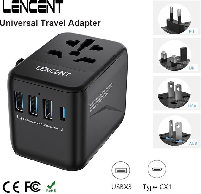 LENCENT Universal Reiseadapter mit 3 USB-Ports und 1 Type-C PD Ladeanschluss in Weiß für EU, UK, USA und AUS - Bild 1