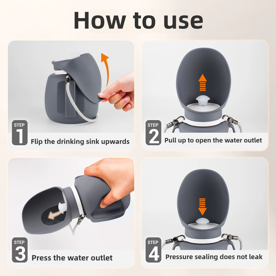 ZHUOJI Tragbare faltbare Haustier-Wasserflasche aus Silikon in Grau mit auslaufsicherem Drucktrink-Design für Outdoor-Reisen - Bild 3