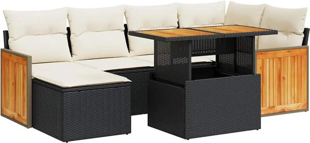 vidaXL 7-teilige Garten-Sofagarnitur aus Poly-Rattan und Akazienholz in Schwarz-Creme mit Kissen - Bild 1