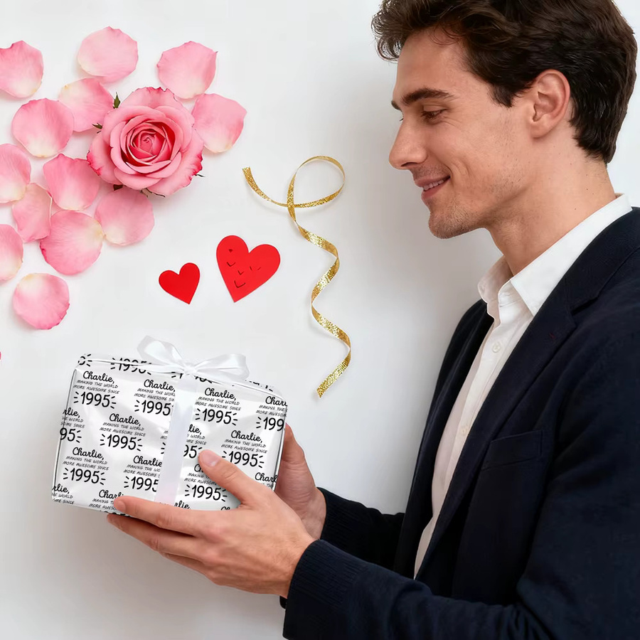Personalisiertes Geschenkpapier von WEIGAO in Schwarz-Weiß-Design mit Name und Jahr für Geburtstag und Jubiläum - Bild 2