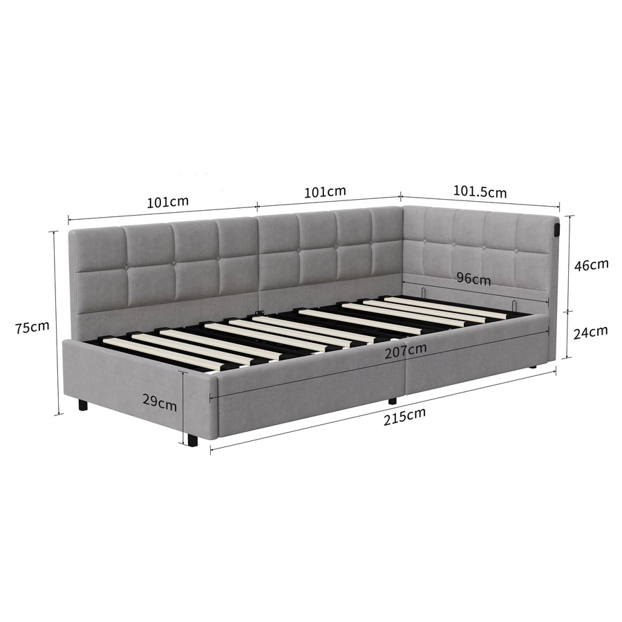 FEEOHOME Polsterbett Einzelbett mit LED und Stauraum, gepolstertes Funktionsbett aus Samt in Beige, B/T: 90 x 200 cm - Bild 1