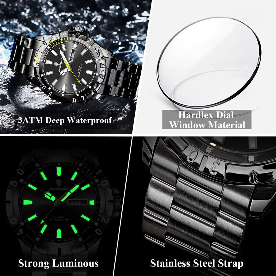 POEDAGAR Armbanduhr Edelstahl, Quarz, Schwarz, Silber, Herren - Bild 4