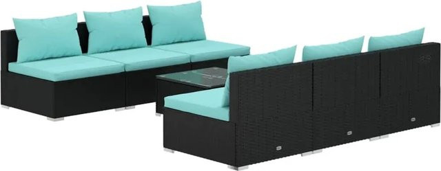 vidaXL 7-tlg. Garten-Lounge-Set aus Poly Rattan in Schwarz mit blauen Auflagen und Couchtisch - Bild 1