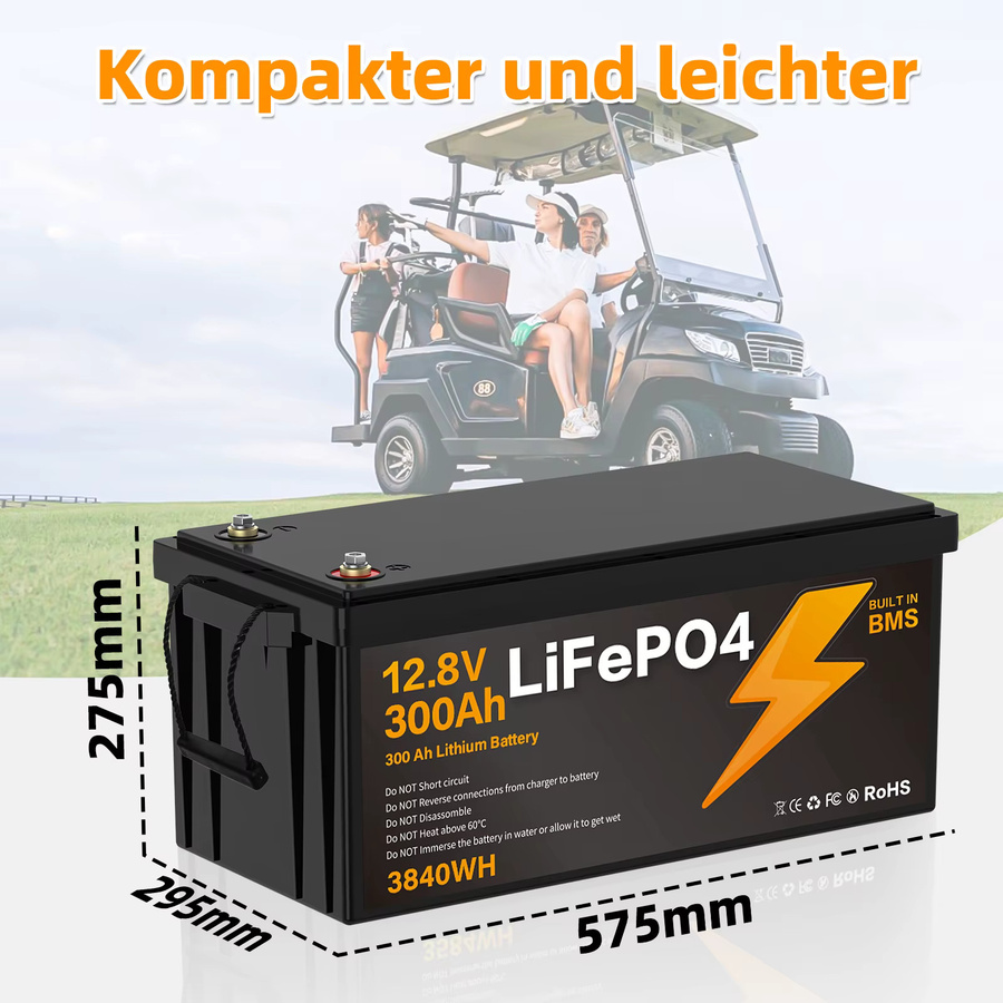 LiFePO4 Lithium-Eisenphosphat-Batterie 12,8V 300Ah mit 3840Wh, integriertes BMS, A+ Qualitätszellen, Schwarz - Bild 5