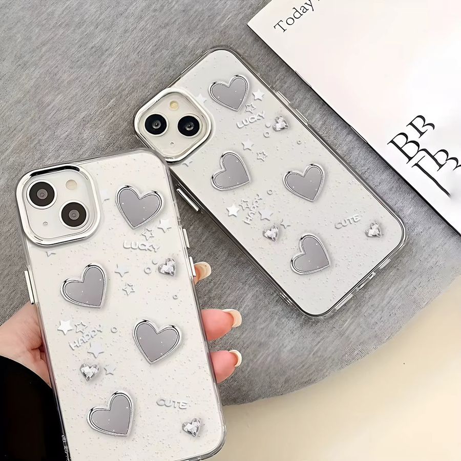 Silberne Silikon-Handyhülle mit Herz-Design für Apple iPhone (Modelle: 11, 12, 13, 14, 15, 16, 17 Pro Max), transparent und stoßfest - Bild 4