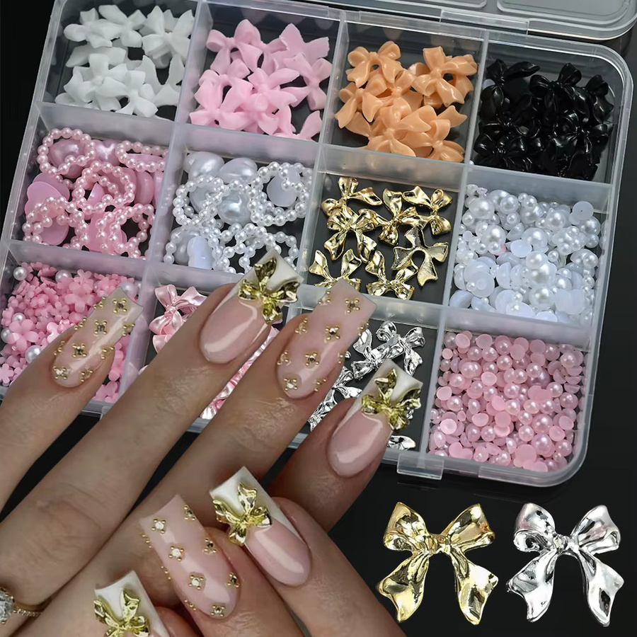 MAFANAILS Nagelkunst-Set, 12-teilig, Rosa-Weiße Schleifen, Herzen, 3D Acryl-Blumen, Perlen, Strass - Bild 2