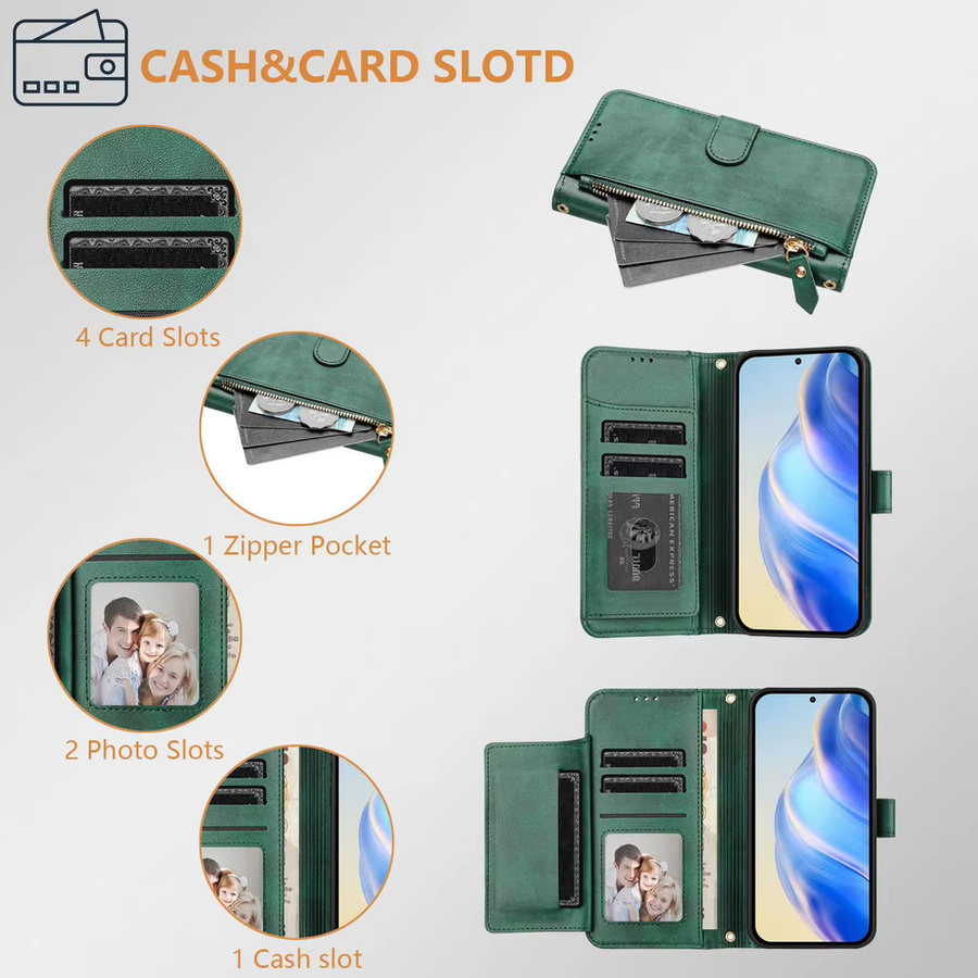 Xiaomi Crossbody Leder-Brieftaschenhülle mit Reißverschluss für Poco X8 Pro Max 5G, F8 Ultra, F7, M8, M7, X7 Pro in Blau oder Grün - Bild 4