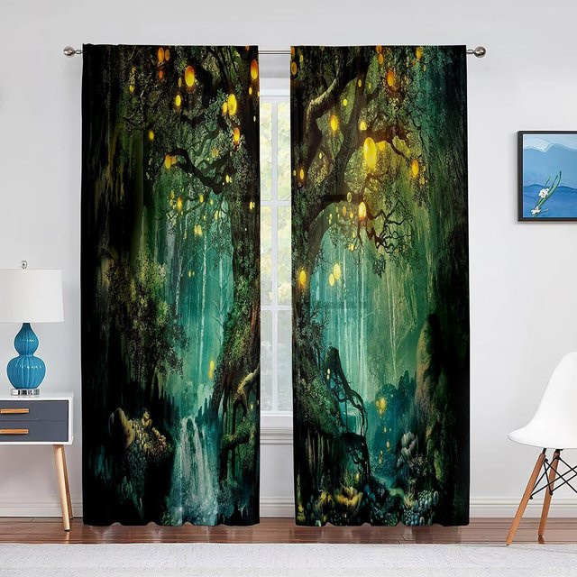 Super Six Waldmärchen Tüllvorhang mit Laternen und Baum-Motiv, Chiffon-Voile transparent grün, B: 200 cm, H: 250 cm - Bild 1