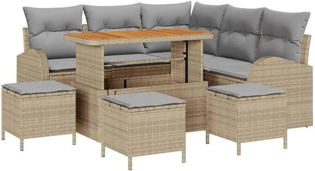 vidaXL Garten-Sofa-Set 9-teilig mit Kissen in Beige und Hellgrau, L-Form mit Eckelement, Ottoman und Couchtisch aus Metall und Akazienholz - Bild 1