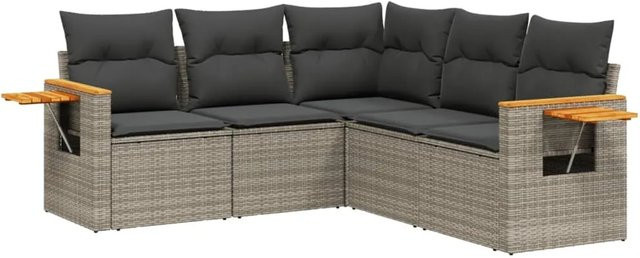 vidaXL 5-teilige Garten-Sofagarnitur in L-Form aus Poly-Rattan und Akazienholz in Grau mit Sitzkissen und Rückenkissen - Bild 1