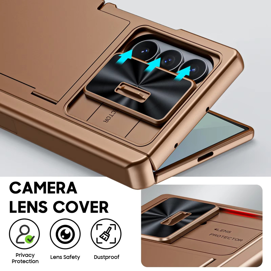 BANGZAO Handyhülle für Samsung Galaxy Z Fold 7 mit RFID-Kartenhalter, verstecktem Ständer und Kameraabdeckung, stoßfeste Silikon-Wallet-Hülle in Gold - Bild 2
