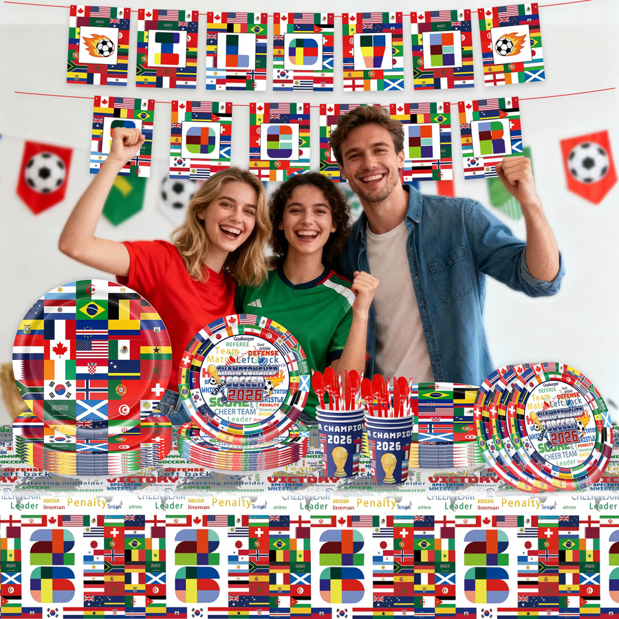 Potdemiel Einweg-Tischware mit internationalen Weltflaggen in Multicolour für Fußball-Partys und Sport-Geburtstagsdekorationen - Bild 3